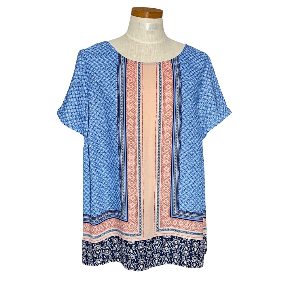 Liz Claiborne Woman Blue Boho Print Short Sleeve Scoop Neck Blouse Top Sz 0X